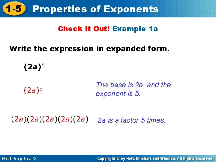 1 -5 Properties of Exponents Check It Out! Example 1 a Write the expression