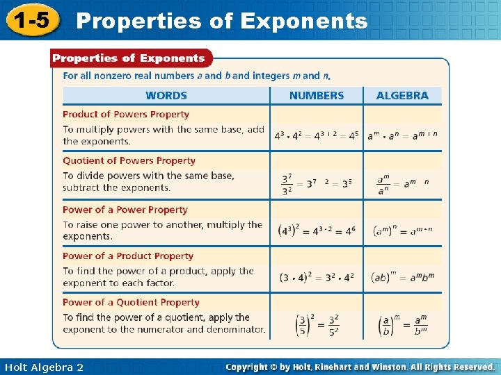 1 -5 Properties of Exponents Holt Algebra 2 