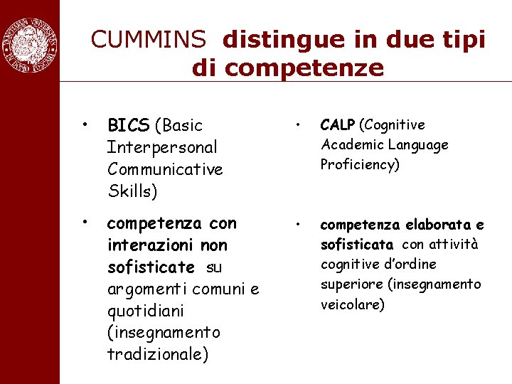 CUMMINS distingue in due tipi di competenze • BICS (Basic Interpersonal Communicative Skills) •