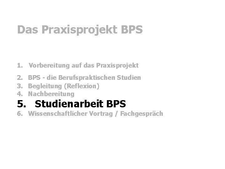 Das Praxisprojekt BPS 1. Vorbereitung auf das Praxisprojekt 2. BPS - die Berufspraktischen Studien