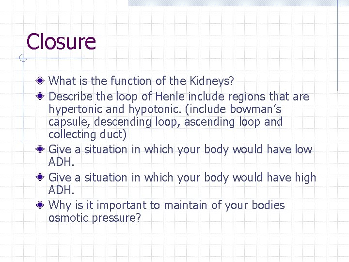 Closure What is the function of the Kidneys? Describe the loop of Henle include