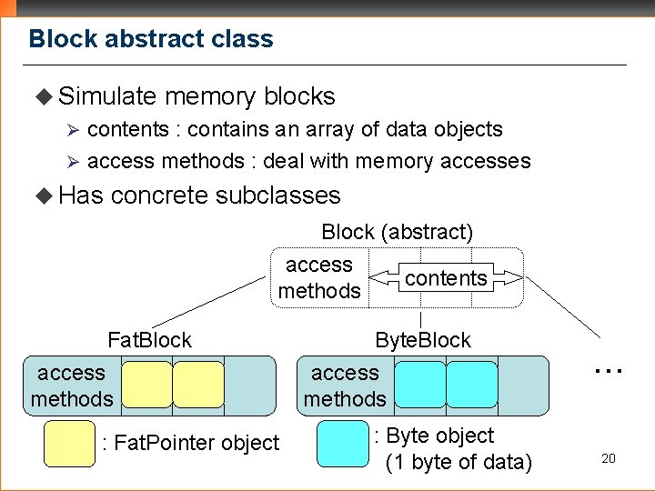 Block abstract class u Simulate memory blocks contents : contains an array of data