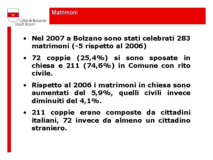 Matrimoni • Nel 2007 a Bolzano sono stati celebrati 283 matrimoni (-5 rispetto al