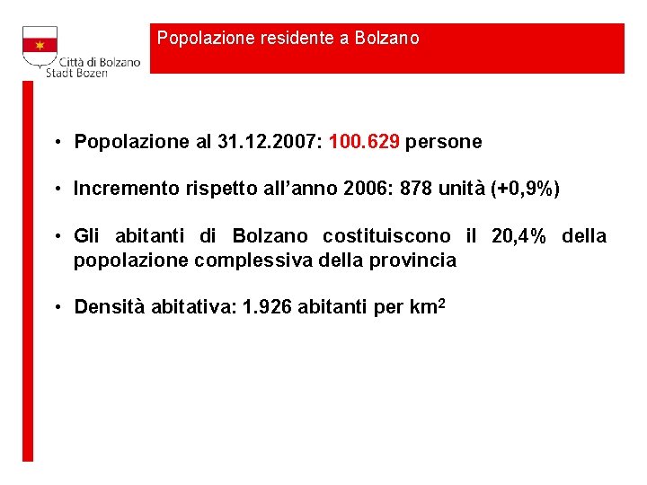 Popolazione residente a Bolzano • Popolazione al 31. 12. 2007: 100. 629 persone •
