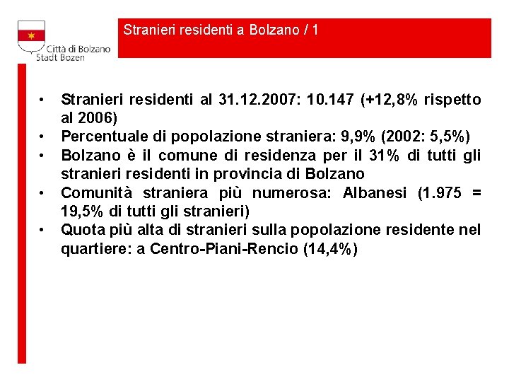 Stranieri residenti a Bolzano / 1 • Stranieri residenti al 31. 12. 2007: 10.