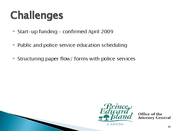 Challenges Start-up funding – confirmed April 2009 Public and police service education scheduling Structuring