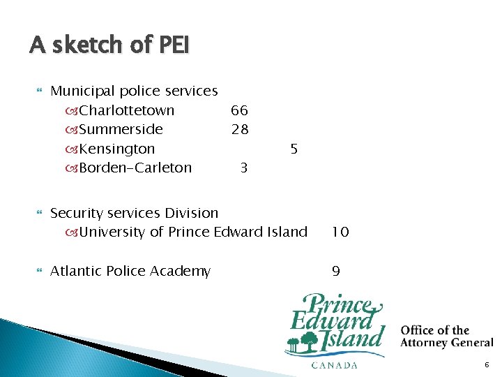 A sketch of PEI Municipal police services Charlottetown 66 Summerside 28 Kensington Borden-Carleton 3