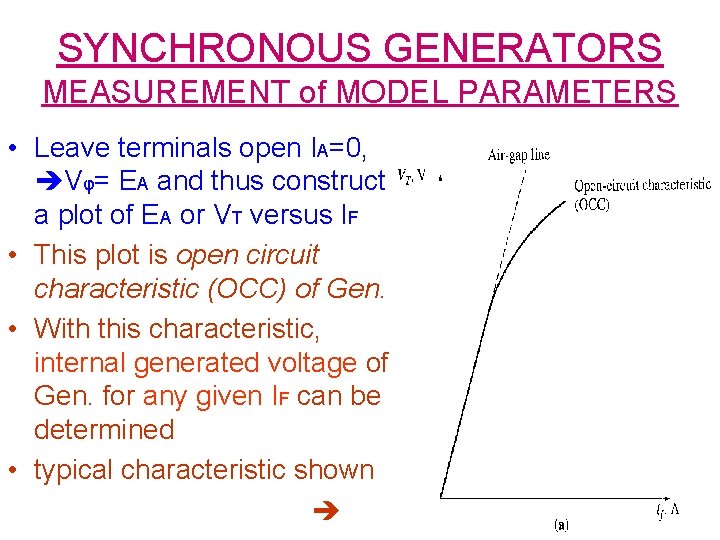 SYNCHRONOUS GENERATORS MEASUREMENT of MODEL PARAMETERS • Leave terminals open IA=0, Vφ= EA and