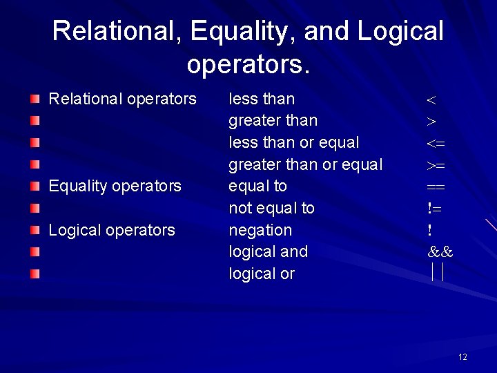 Relational, Equality, and Logical operators. Relational operators Equality operators Logical operators less than greater