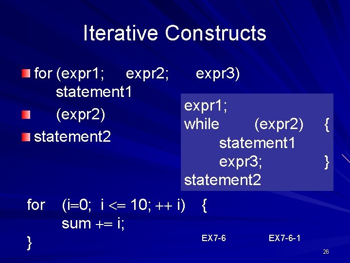 Iterative Constructs for (expr 1; expr 2; expr 3) statement 1 expr 1; (expr