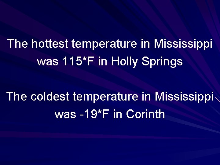 The hottest temperature in Mississippi was 115*F in Holly Springs The coldest temperature in