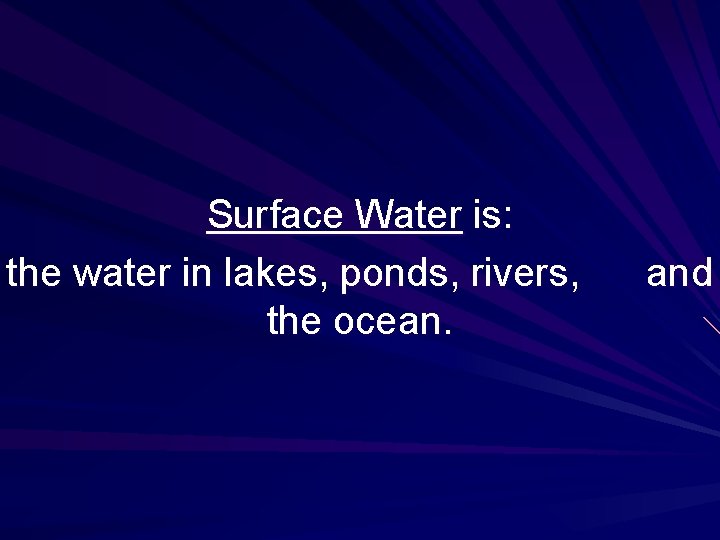 Surface Water is: the water in lakes, ponds, rivers, the ocean. and 