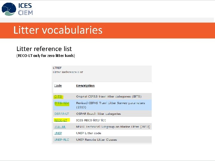 Litter vocabularies Litter reference list (RECO-LT only for zero litter hauls) 