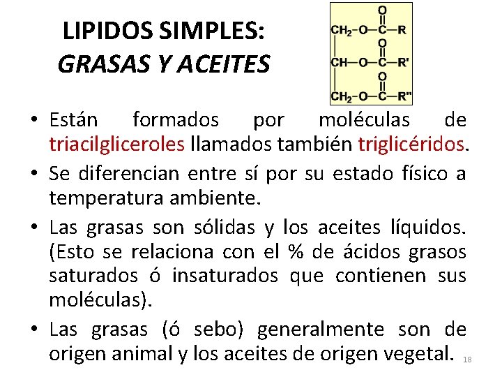 LIPIDOS SIMPLES: GRASAS Y ACEITES • Están formados por moléculas de triacilgliceroles llamados también