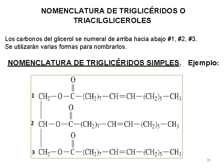 NOMENCLATURA DE TRIGLICÉRIDOS O TRIACILGLICEROLES Los carbonos del glicerol se numeral de arriba hacia