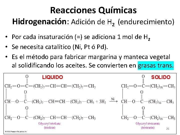 Reacciones Químicas Hidrogenación: Adición de H 2 (endurecimiento) • Por cada insaturación (=) se