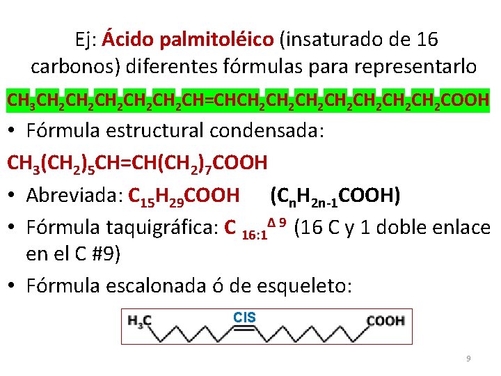 Ej: Ácido palmitoléico (insaturado de 16 carbonos) diferentes fórmulas para representarlo CH 3 CH