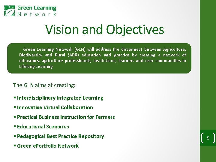 Vision and Objectives Green Learning Network (GLN) will address the disconnect between Agriculture, Biodiversity