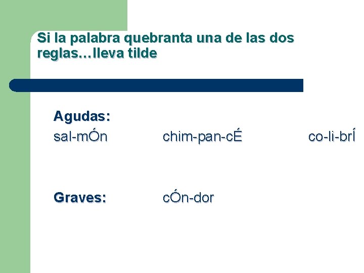 Si la palabra quebranta una de las dos reglas…lleva tilde Agudas: sal-mÓn chim-pan-cÉ Graves: