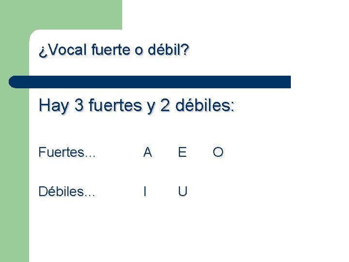 ¿Vocal fuerte o débil? Hay 3 fuertes y 2 débiles: Fuertes… A E Débiles…