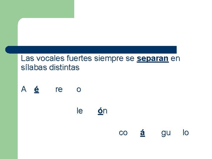 Las vocales fuertes siempre se separan en sílabas distintas A é re o le