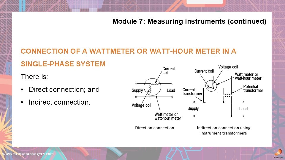 Module 7: Measuring instruments (continued) CONNECTION OF A WATTMETER OR WATT-HOUR METER IN A