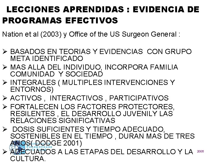 LECCIONES APRENDIDAS : EVIDENCIA DE PROGRAMAS EFECTIVOS Nation et al (2003) y Office of