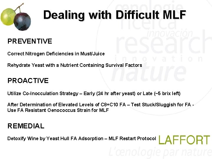 Dealing with Difficult MLF PREVENTIVE Correct Nitrogen Deficiencies in Must/Juice Rehydrate Yeast with a Dealing with Difficult MLF PREVENTIVE Correct Nitrogen Deficiencies in Must/Juice Rehydrate Yeast with a