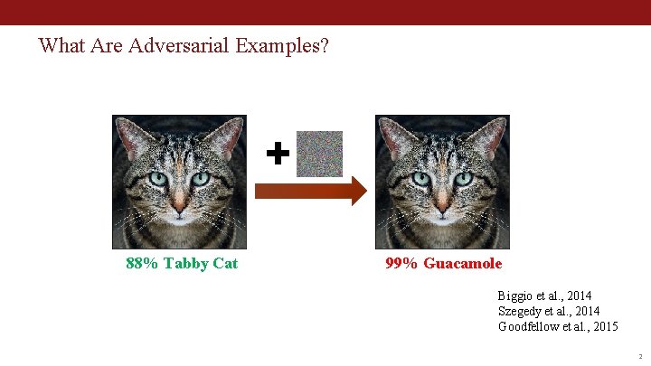 What Are Adversarial Examples? 88% Tabby Cat 99% Guacamole Biggio et al. , 2014