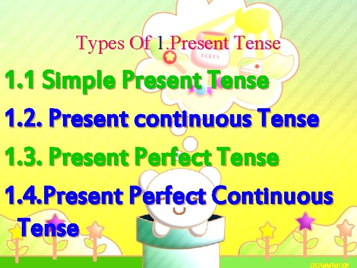 Types Of 1. Present Tense 1. 1 Simple Present Tense 1. 2. Present continuous Types Of 1. Present Tense 1. 1 Simple Present Tense 1. 2. Present continuous