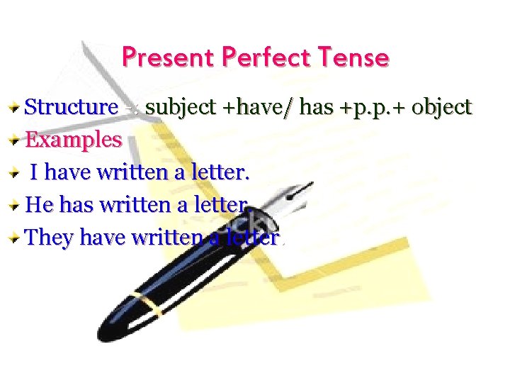 Present Perfect Tense Structure -: subject +have/ has +p. p. + object Examples I Present Perfect Tense Structure -: subject +have/ has +p. p. + object Examples I