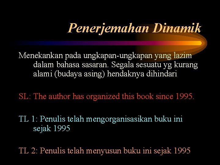 Penerjemahan Dinamik Menekankan pada ungkapan-ungkapan yang lazim dalam bahasa sasaran. Segala sesuatu yg kurang