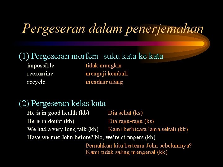 Pergeseran dalam penerjemahan (1) Pergeseran morfem: suku kata ke kata impossible reexamine recycle tidak