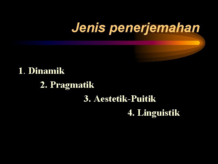 Jenis penerjemahan 1. Dinamik 2. Pragmatik 3. Aestetik-Puitik 4. Linguistik 