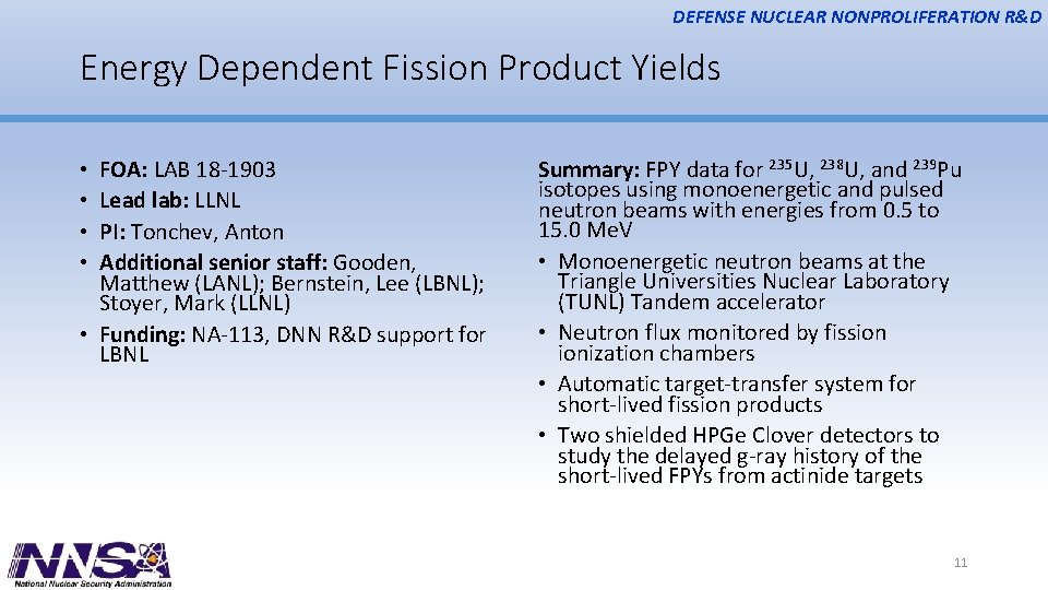 DEFENSE NUCLEAR NONPROLIFERATION R&D Energy Dependent Fission Product Yields FOA: LAB 18 -1903 Lead
