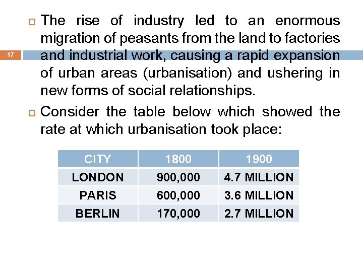  17 The rise of industry led to an enormous migration of peasants from