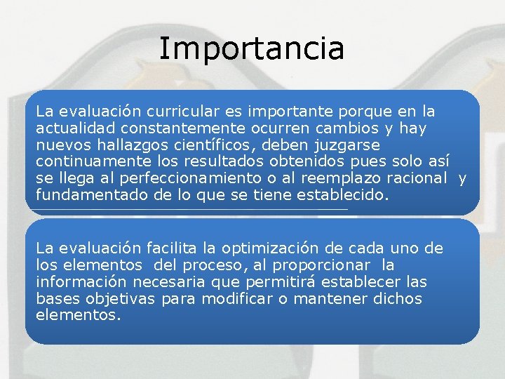 Importancia La evaluación curricular es importante porque en la actualidad constantemente ocurren cambios y Importancia La evaluación curricular es importante porque en la actualidad constantemente ocurren cambios y