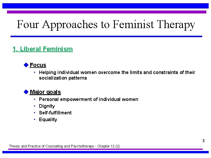 Four Approaches to Feminist Therapy 1. Liberal Feminism u Focus • Helping individual women