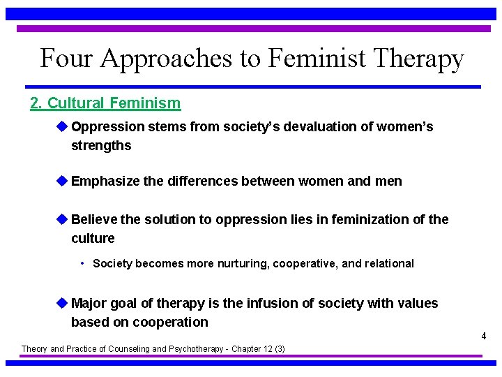 Four Approaches to Feminist Therapy 2. Cultural Feminism u Oppression stems from society’s devaluation