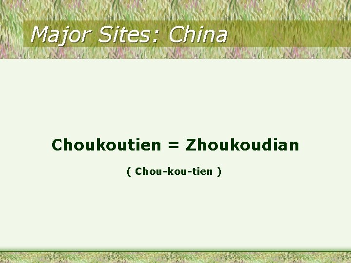 Major Sites: China Choukoutien = Zhoukoudian ( Chou-kou-tien ) 