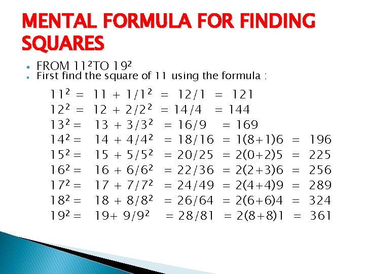 MENTAL FORMULA FOR FINDING SQUARES § § FROM 112 TO 192 First find the
