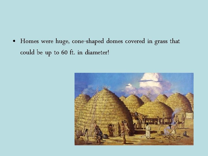  • Homes were huge, cone-shaped domes covered in grass that could be up