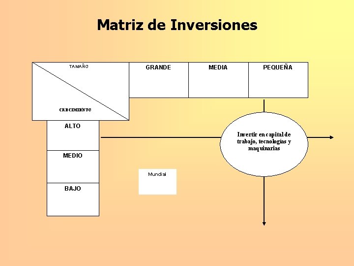 Matriz de Inversiones TAMAÑO GRANDE MEDIA PEQUEÑA CRECIMIENTO ALTO Invertir en capital de trabajo,