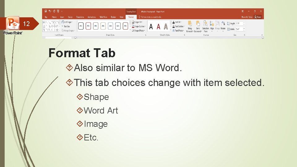 12 Format Tab Also similar to MS Word. This tab choices change with item