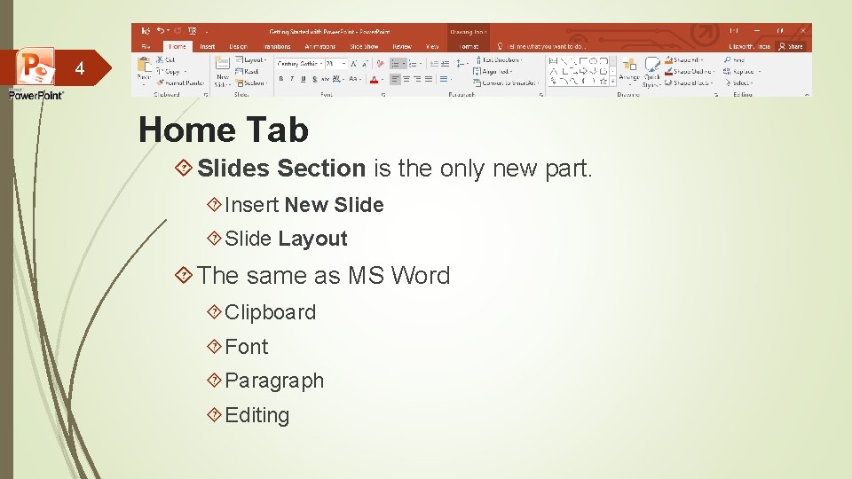 4 Home Tab Slides Section is the only new part. Insert New Slide Layout
