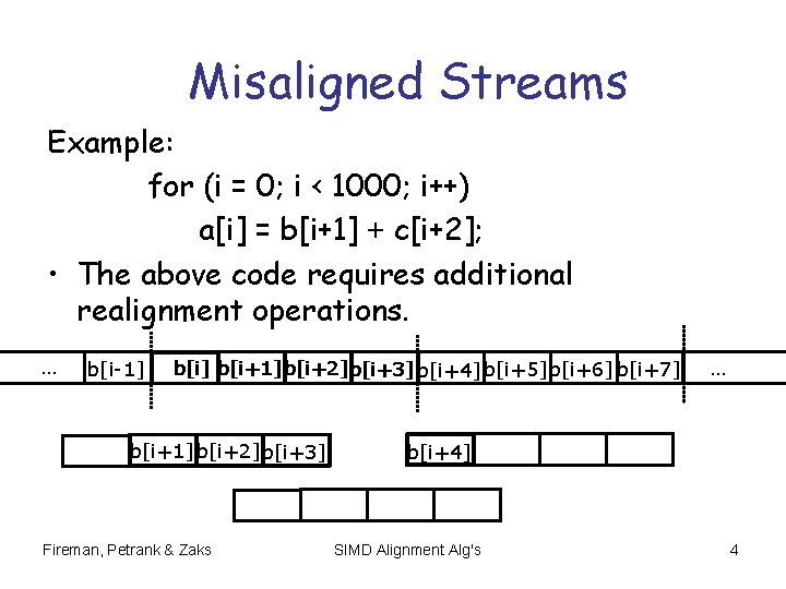 Misaligned Streams Example: for (i = 0; i < 1000; i++) a[i] = b[i+1]