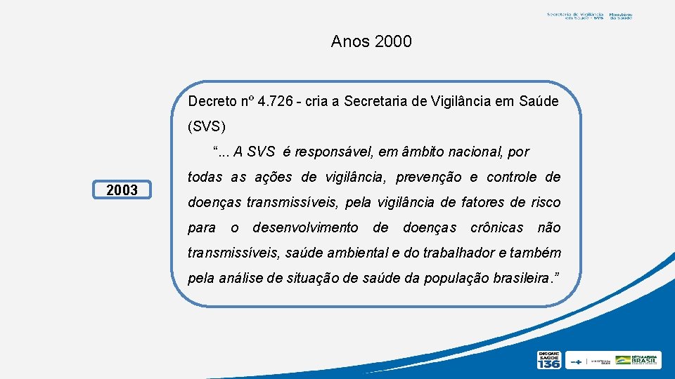  Anos 2000 Decreto nº 4. 726 - cria a Secretaria de Vigilância em