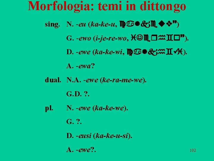 Morfologia: temi in dittongo sing. N. -eu (ka-ke-u, calkeuv~) G. -ewo (i-je-re-wo, i. Jerh`o~). Morfologia: temi in dittongo sing. N. -eu (ka-ke-u, calkeuv~) G. -ewo (i-je-re-wo, i. Jerh`o~).