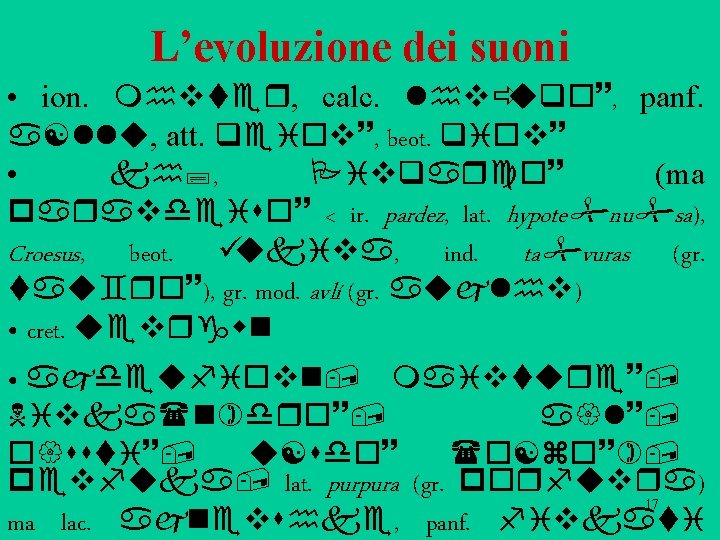 L’evoluzione dei suoni • ion. m vter, calc. l vðuqo~, panf. a llu, att. L’evoluzione dei suoni • ion. m vter, calc. l vðuqo~, panf. a llu, att.