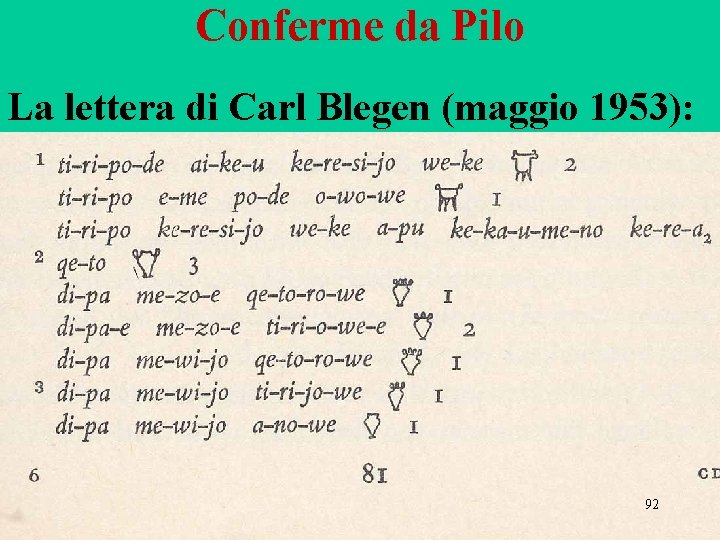 Conferme da Pilo La lettera di Carl Blegen (maggio 1953): 92 Conferme da Pilo La lettera di Carl Blegen (maggio 1953): 92